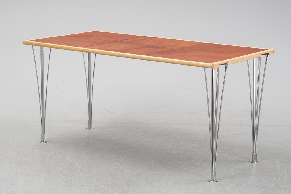 Table, 1980s by Bruno Mathsson, birch with leather top, 150cm x 75cm, 4 available