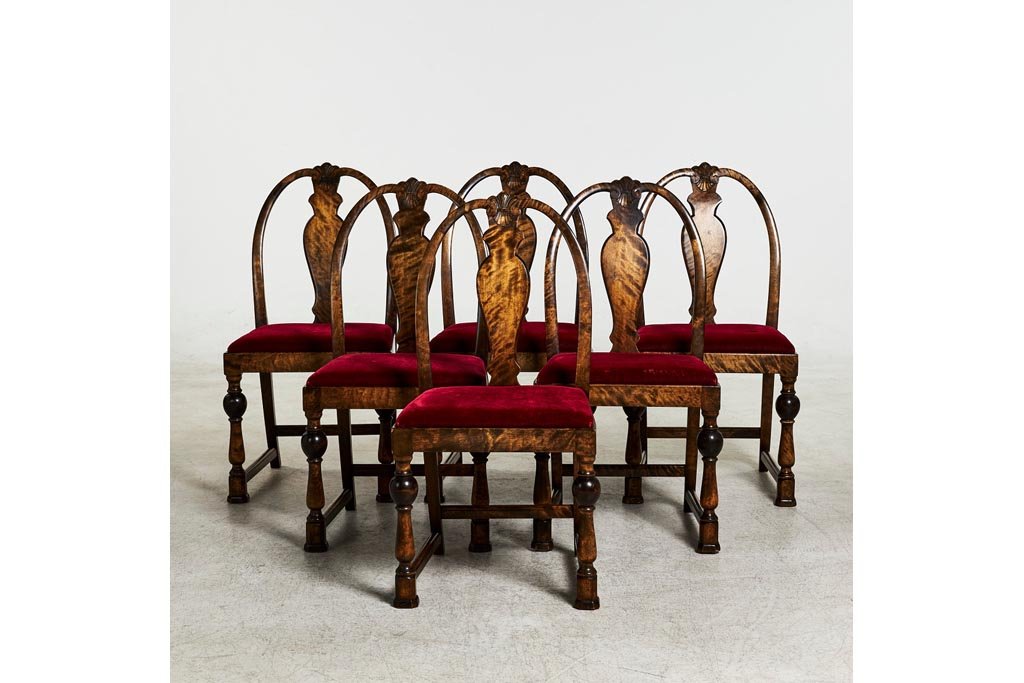 6 Chairs, flamed birch, 1920s produced by AB Svenska Möbelfabrikerna Bodafors