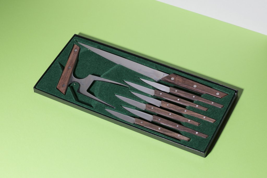 Carving Set & Steak Knives The Trencherman, wooden handles, 1969 by Clayton A Laughlin