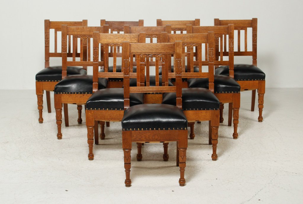 10 chairs, w: 44cm sh: 51cm h: 94cm, oak, leather