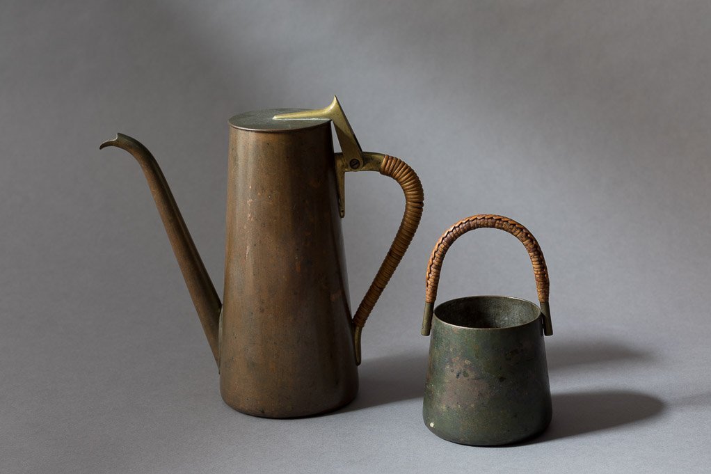 Coffeepot & Sugar Bowl 4295 & 3594, 1950s, Brass, Rafia Fiber, h: 21cm + 15cm