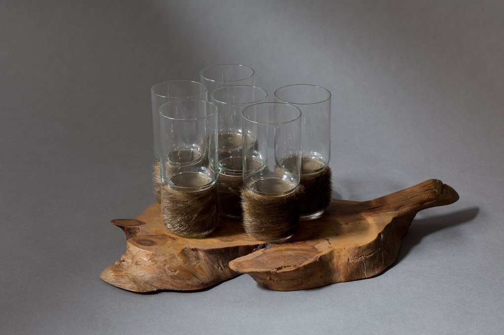 Drinking Glass Set, 1950s, Glass, Walnut, Seal, w: 42cm - glass: h: 13cm