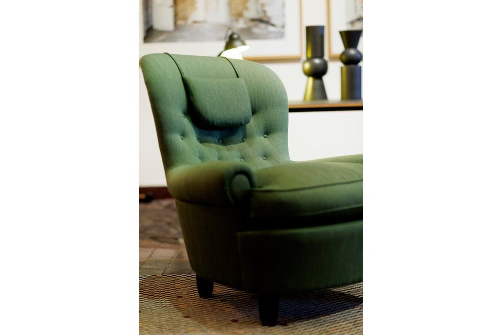 Jättepaddan armchair, 1934, by Carl Malmsten, beech legs, stained, fabric: Vils by Hanne Vedel /Kjellerup Vaeveri
