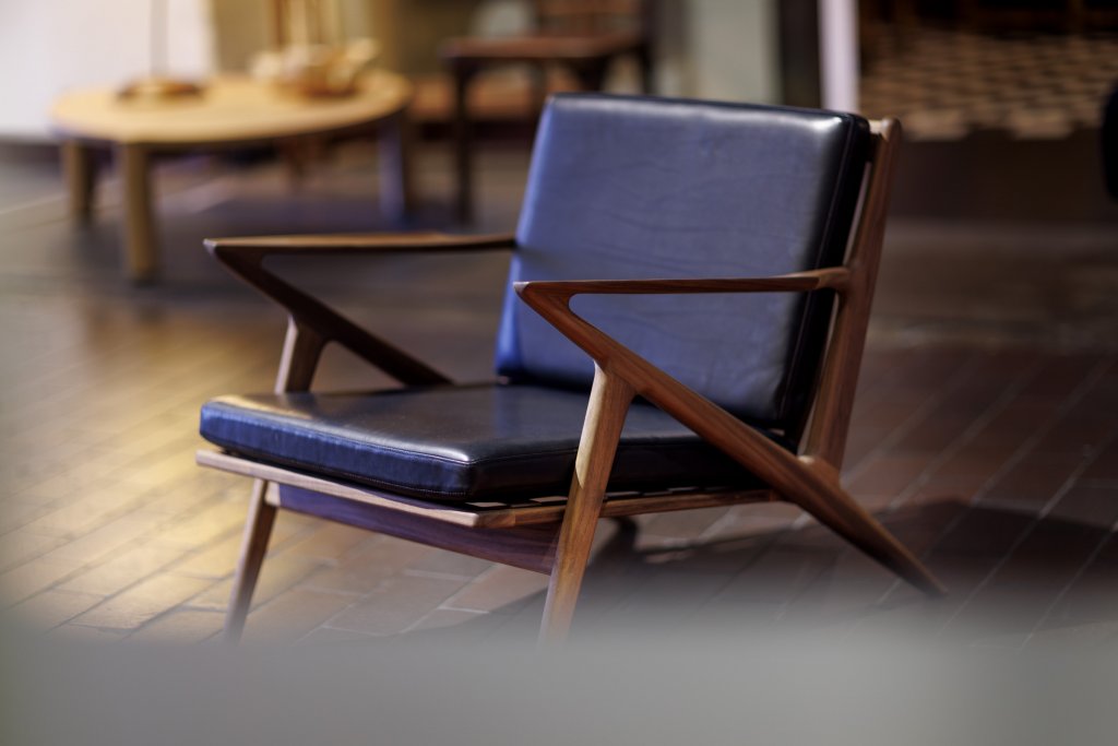 Z chair, available in walnut or oak, cushions in Vacona leather or fabrics by Kjellerup Vaeveri and more
